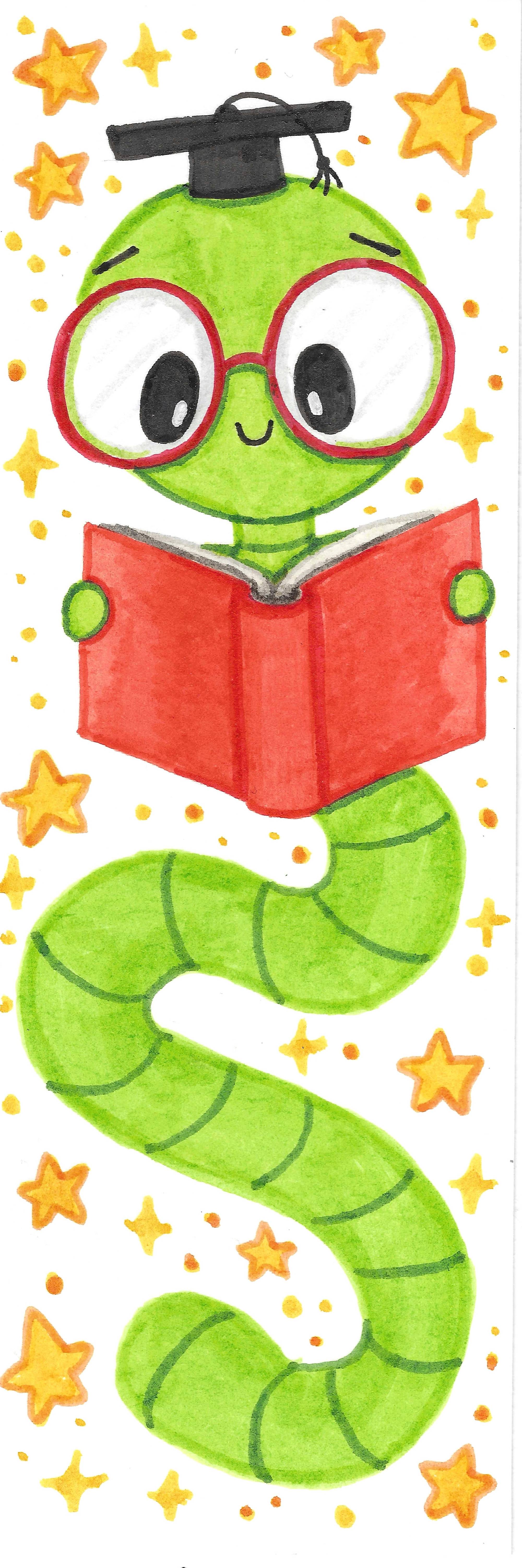 drawing of a green bookworm with glasses reading a book